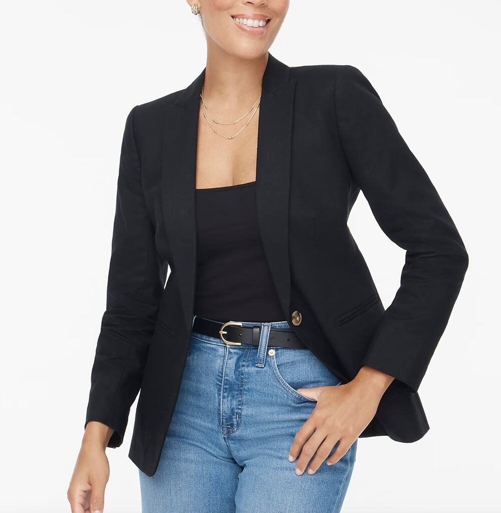 J.Crew Linen Blend One Button Blazer Jacket Classic Minimalist Black US 00 NWT